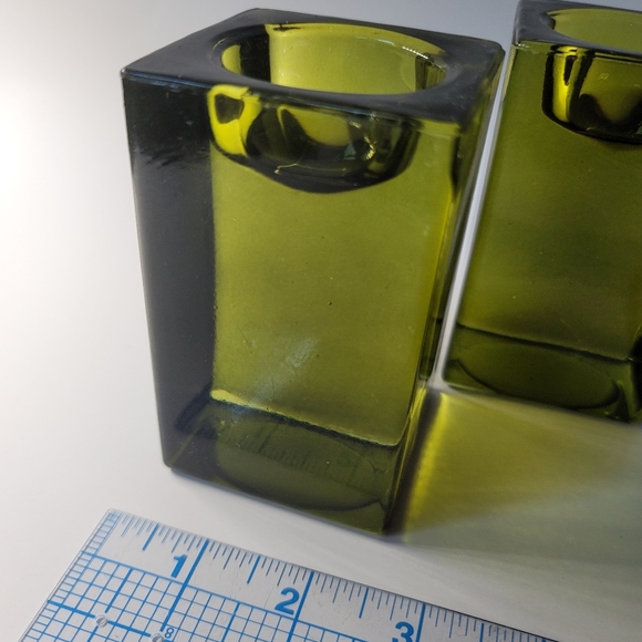 Set 3 block green glass candle holders midcentury - Picture 5 of 9